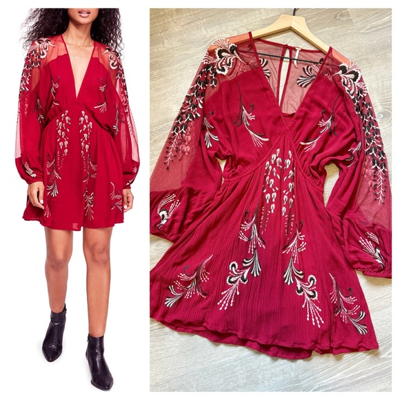Free People Dresses & Skirts - FREE PEOPLE Elegant Red Embroidered Dress, Size XS